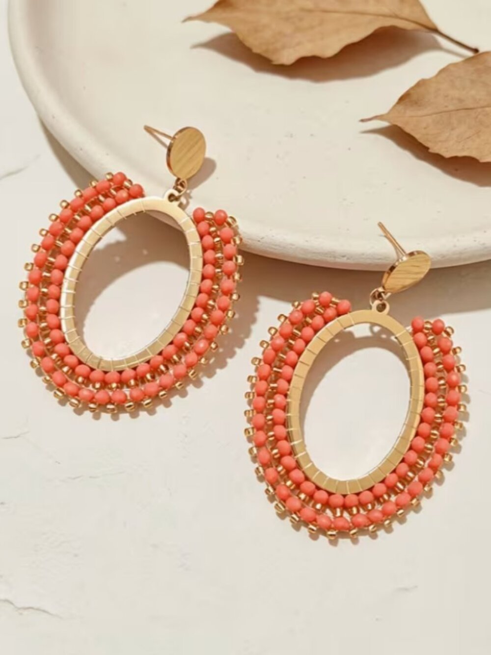 Tangerine Oval Drop Beaded Earrings